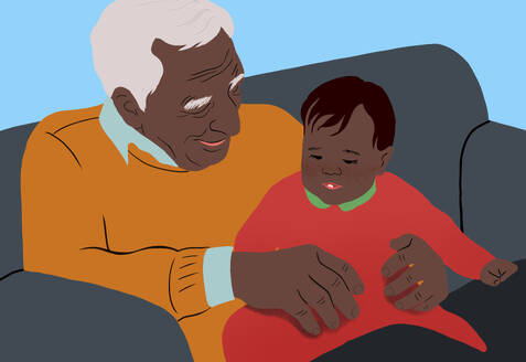 An illustration of a loving elderly man gently holding the hand of a small baby, both smiling and sharing a special moment with each other. - ADSF53914