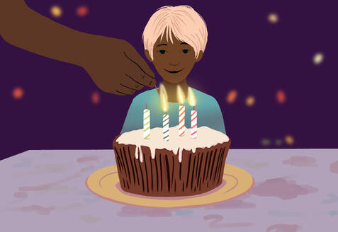 An illustration of a child smiling as a hand lights candles on a frosted birthday cupcake in a festive ambiance. - ADSF53920