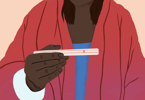 An illustrated image of a black woman in a red coat revealing a positive pregnancy test result. - ADSF53922