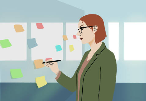 An illustrated woman in business attire reviews colorful sticky notes on a wall, symbolizing organization and planning in a modern office setting. - ADSF53926