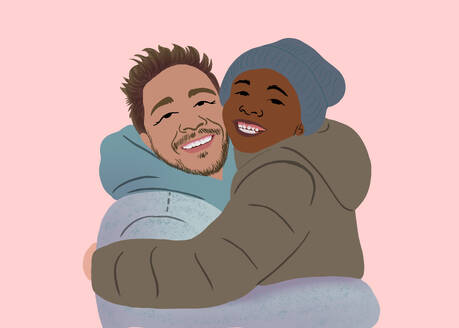 A heartwarming illustration of a smiling, multicultural father and child sharing a joyous embrace, set against a soft pink background. - ADSF53929