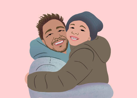 A heartwarming illustration of a smiling, multicultural father and child sharing a joyous embrace, set against a soft pink background. - ADSF53930