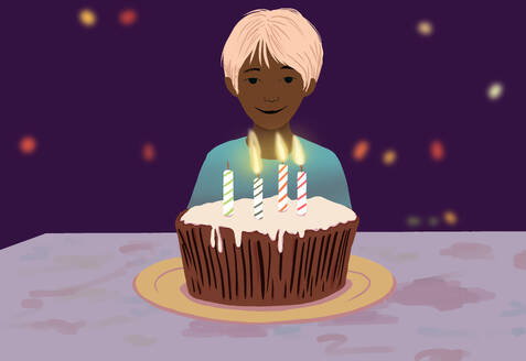 A cheerful child admires a birthday cake with colorful lit candles, ready to celebrate. - ADSF53935