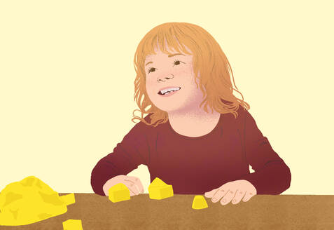 A cheerful young girl building with yellow toy blocks, enjoying a moment of creative playtime. - ADSF53936