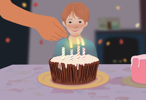 A charming illustration of a smiling child looking at a birthday cake as a hand lights the candles. - ADSF53937