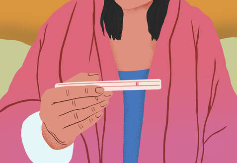 Illustration of a woman holding a positive pregnancy test, with a focus on the test and the individual's reaction. - ADSF53940