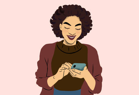 An illustrated young woman with curly hair smiles contentedly while engaging with her smartphone, set against a soft pink background. - ADSF53941