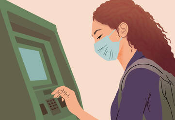 A digital illustration of a young woman with curly hair wearing a face mask while typing on an ATM keypad, depicting a new normal scenario. - ADSF53942