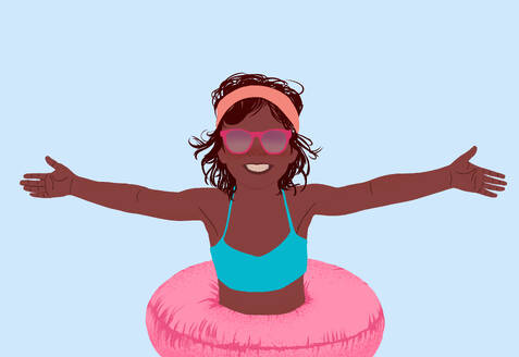 An illustration of smiling young girl with sunglasses and a swim cap is playfully spreading her arms wide while sitting in a bright pink swim ring against a plain background. - ADSF53943
