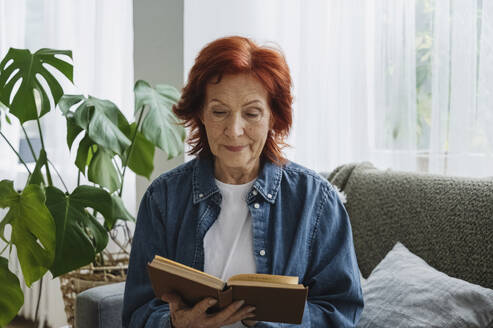 Ältere Frau im Ruhestand liest ein Buch im Wohnzimmer - ALKF01051