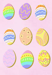 Decorated Easter eggs against pink background - EGHF00902