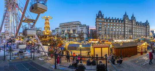 View of ferris wheel and Christmas Market from St. Georges Hall, Liverpool City Centre, Liverpool, Merseyside, England, United Kingdom, Europe - RHPLF32327