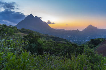 View of Long Mountains at sunset near Beau Bois, Mauritius, Indian Ocean, Africa - RHPLF32416