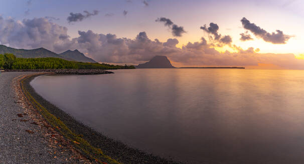 View of Le Morne from Case Noyale at sunset, Le Morne, Riviere Noire District, Mauritius, Indian Ocean, Africa - RHPLF32435