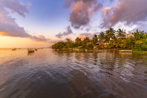 View of Case Noyale at sunset, Le Morne, Riviere Noire District, Mauritius, Indian Ocean, Africa - RHPLF32437