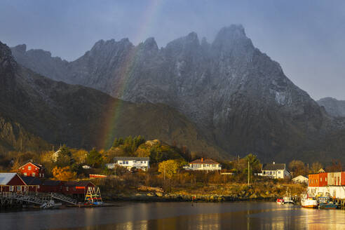 Ballstad with rainbow at sunrise, Vestvagoy, Nordland, Lofoten Islands, Norway, Scandinavia, Europe - RHPLF32511