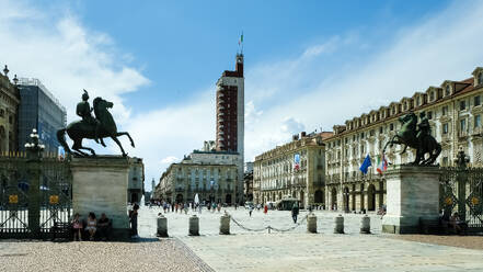 View of Piazza Castello from the interior of the Royal Palace of Turin, a historic palace of the House of Savoy, Turin, Piedmont, Italy, Europe - RHPLF32521