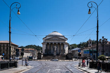 View of the Neoclassic-style Church of the Gran Madre di Dio (Great Mother of God), dedicated to Mary, on the western bank of the Po River, facing the Ponte Vittorio Emanuele I, Turin, Piedmont, Italy, Europe - RHPLF32529