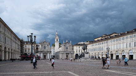 View of Piazza San Carlo, a central square renowned for its Baroque architecture, distinctive landmarks and surrounding 1638-designed porticos, Turin, Piedmont, Italy, Europe - RHPLF32535