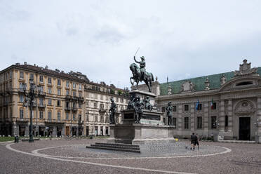 View of the Monument to Carlo Alberto located at the Piazza Carlo Alberto with the National University Library of Turin (BNUTO ) in the background, Turin, Piedmont, Italy, Europe - RHPLF32536