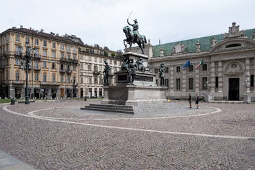 View of the Monument to Carlo Alberto located at the Piazza Carlo Alberto with the National University Library of Turin (BNUTO ) in the background, Turin, Piedmont, Italy, Europe - RHPLF32543