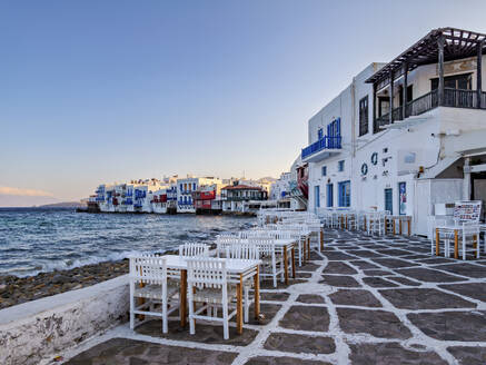 Little Venice at sunrise, Chora, Mykonos Town, Mykonos Island, Cyclades, Greek Islands, Greece, Europe - RHPLF32639