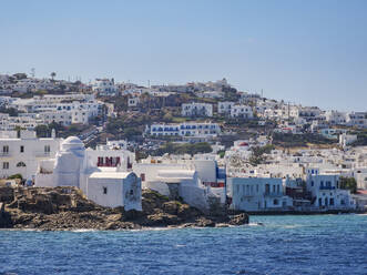 View towards the Church of Panagia Paraportiani, Chora, Mykonos Town, Mykonos Island, Cyclades, Greek Islands, Greece, Europe - RHPLF32646