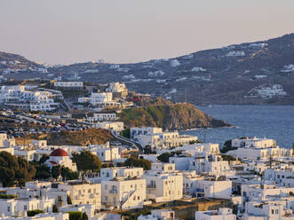 Mykonos Town at sunset, elevated view, Mykonos Island, Cyclades, Greek Islands, Greece, Europe - RHPLF32666