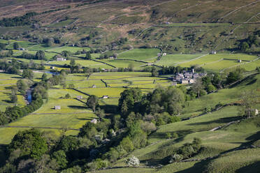 Village of Muker and the River Swale from Kisdon Hill, Swaledale, Yorkshire Dales National Park, Yorkshire, England, United Kingdom, Europe - RHPLF32724