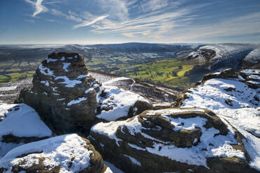 The Edale Valley from Ringing Roger rock formation in winter, Kinder Scout, Peak District National Park, Derbyshire, England, United Kingdom, Europe - RHPLF32728