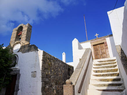 Whitewashed Churches of Patmos Chora, low angle view, Patmos Island, Dodecanese, Greek Islands, Greece, Europe - RHPLF32846