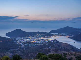 View towards Skala at dusk, Patmos Island, Dodecanese, Greek Islands, Greece, Europe - RHPLF32859