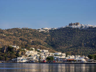 View over Skala towards the Monastery of Saint-John the Theologian and Patmos Chora, Patmos Island, Dodecanese, Greek Islands, Greece, Europe - RHPLF32880