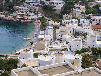 Windmills and Pandeli Beach, elevated view, Leros Island, Dodecanese, Greek Islands, Greece, Europe - RHPLF32898