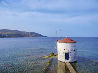 Windmill on the water, elevated view, Agia Marina, Leros Island, Dodecanese, Greek Islands, Greece, Europe - RHPLF32950