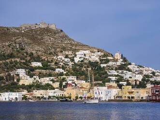 Agia Marina Waterfront and Medieval Castle of Pandeli, Leros Island, Dodecanese, Greek Islands, Greece, Europe - RHPLF32951