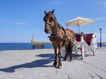 Horse-drawn Carriage at the waterfront, City of Chania, Crete, Greek Islands, Greece, Europe - RHPLF33138