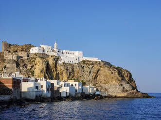 View towards the Panagia Spiliani, Blessed Virgin Mary of the Cave Monastery, Mandraki, Nisyros Island, Dodecanese, Greek Islands, Greece, Europe - RHPLF33567