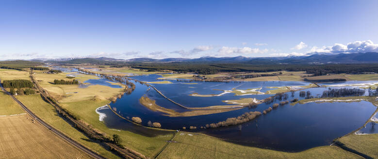 UK, Scotland, Boat of Garten, Aerial panorama of river Spey in flood - SMAF02754