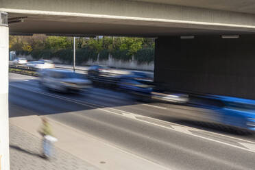 Traffic on the central ring road in munich, mobility, transportation, multiple Lane Highway, speed cameras, speed limit, blurred motion, photos were taken from public ground, Munich, Bavaria, Germany - MAMF02965