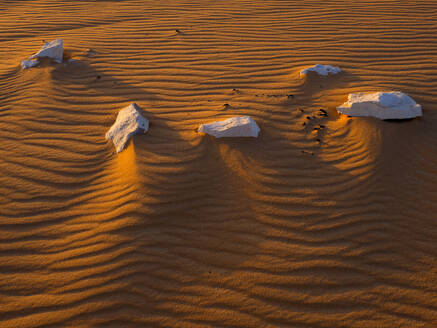 Limestone rock formations on sand in Sahara desert at sunset, Egypt - DSGF02537