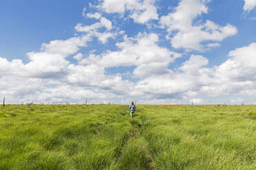 Belgium, Les Ardennes, Wallonie, High Fens Nature Park, woman hiking on trail through High Moor landscape of 