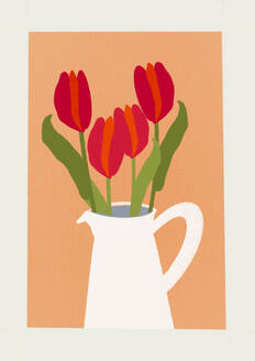Bunch of tulips in vase against orange background - EGHF00914