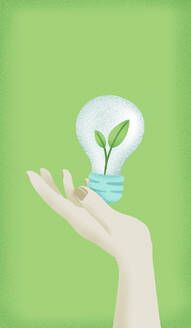 A hand holding a light bulb, with some leaves inside, symbolizing the importance of incorporating nature-friendly. - MSMF00183