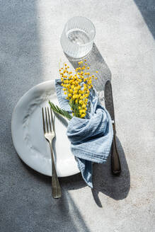 Draufsicht auf einen frisch gedeckten Tisch im Freien mit weißem, geprägtem Teller, silbernem Besteck, einer blauen Leinenserviette und einem Zweig leuchtend gelber Mimosenblüten - ADSF54087