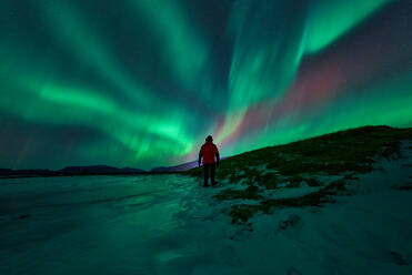 An awe-inspiring view of the Northern Lights dancing above Kirkjufell Mountain in Iceland with a lone observer gazing at the natural wonder. - ADSF54089