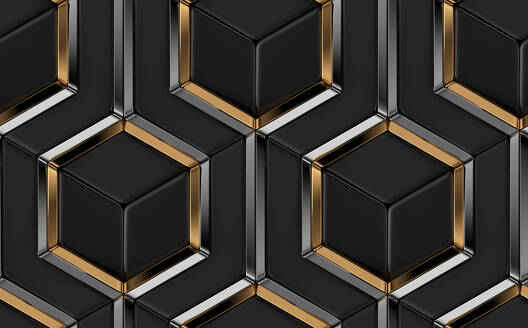 3D-Kacheln aus schwarzen Elementen und Gold mit silbernem Metalldekor. Hochwertiges nahtloses realistisches Muster. - ADSF54243