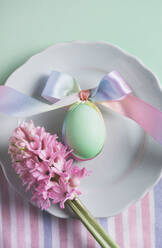 Draufsicht auf ein weiches, pastellfarbenes Ostergesteck mit einem dekorierten Ei, das mit einem mehrfarbigen Band auf einem weißen Teller gebunden ist, begleitet von rosa Hyazinthenblüten. - ADSF54264