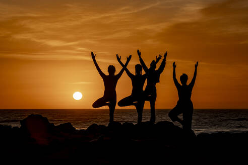 A group of women partakes in a serene yoga class on the beach, silhouetted against a stunning sunset, each performing a different yoga pose. - ADSF54367