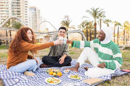 Cheerful students sharing a toast on a picnic, a diverse group enjoying a sunny day outdoors. - ADSF54446